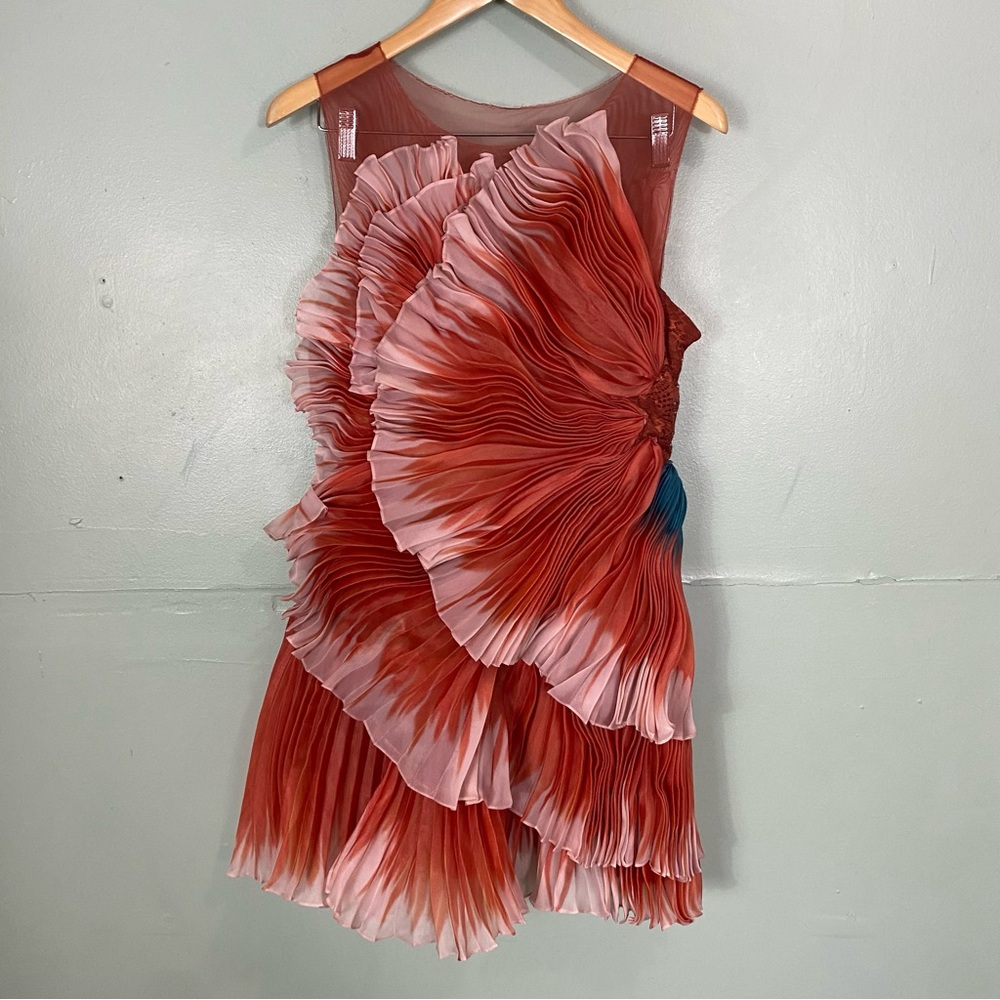 Anthropologie Geisha Designs 3D Floral Asymmetrical Dress Orange Medium - Picture 2 of 12